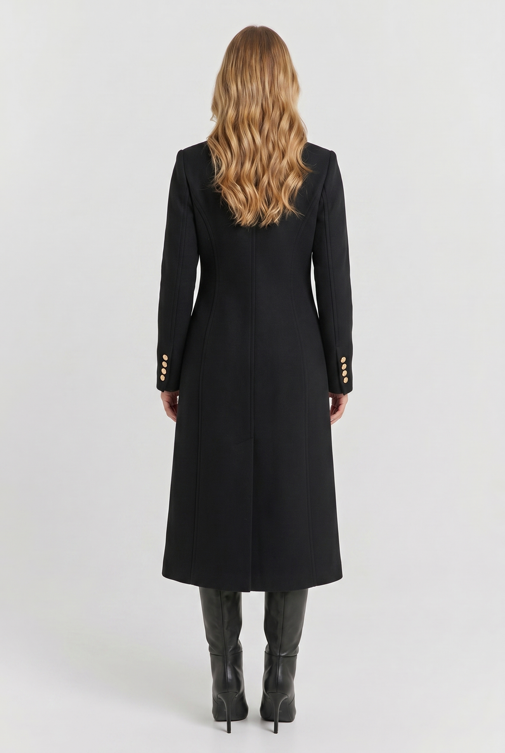Women's black double-breasted maxi coat with notch lapels and long sleeves