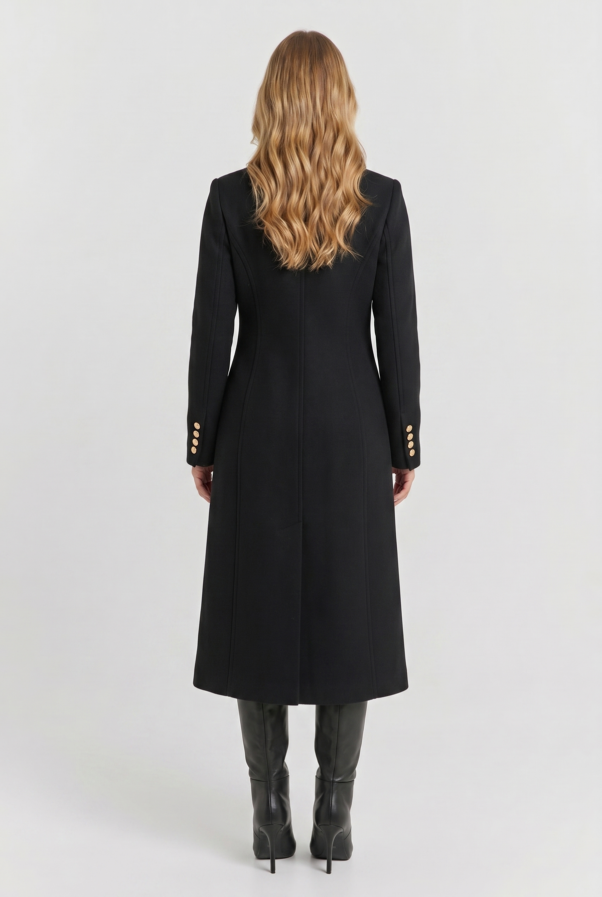Women's black double-breasted maxi coat with notch lapels and long sleeves
