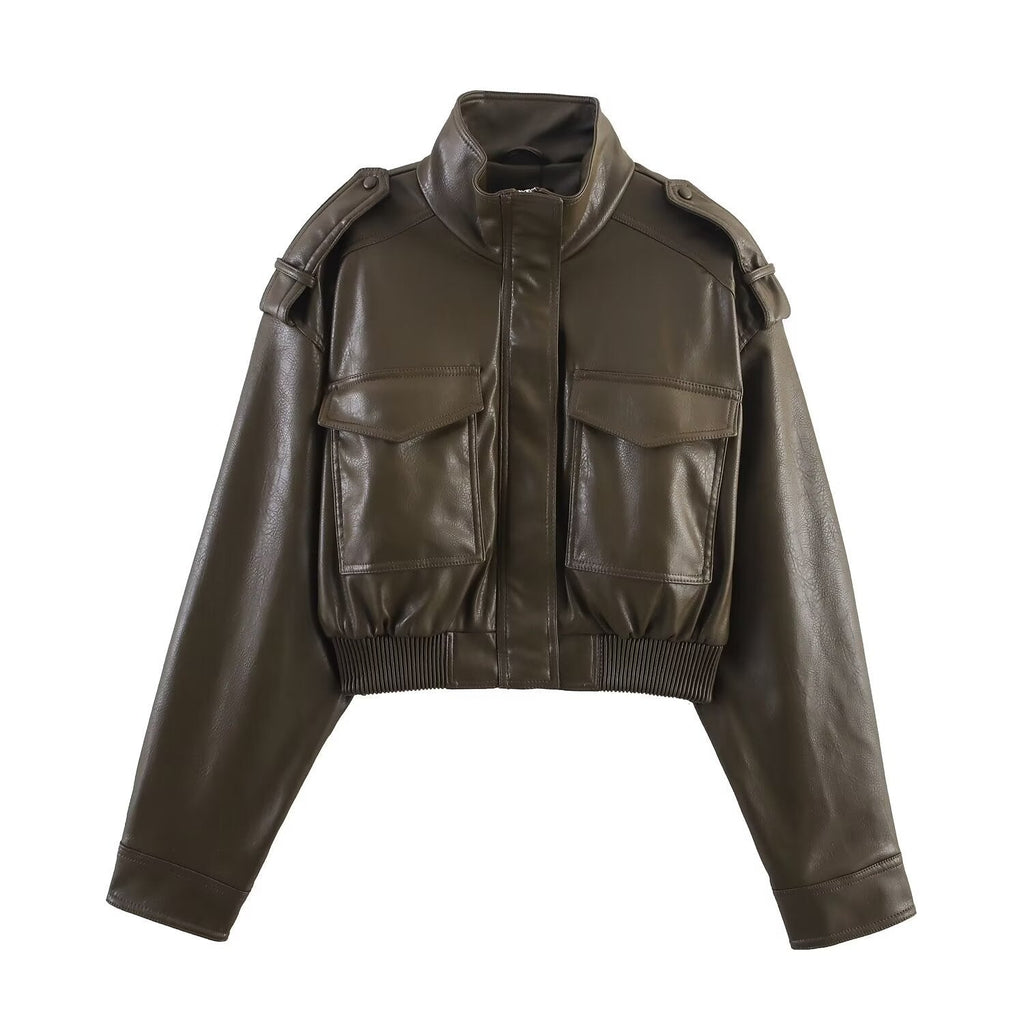 Women's cropped bomber jacket with stand collar, flap pockets and shoulder tabs