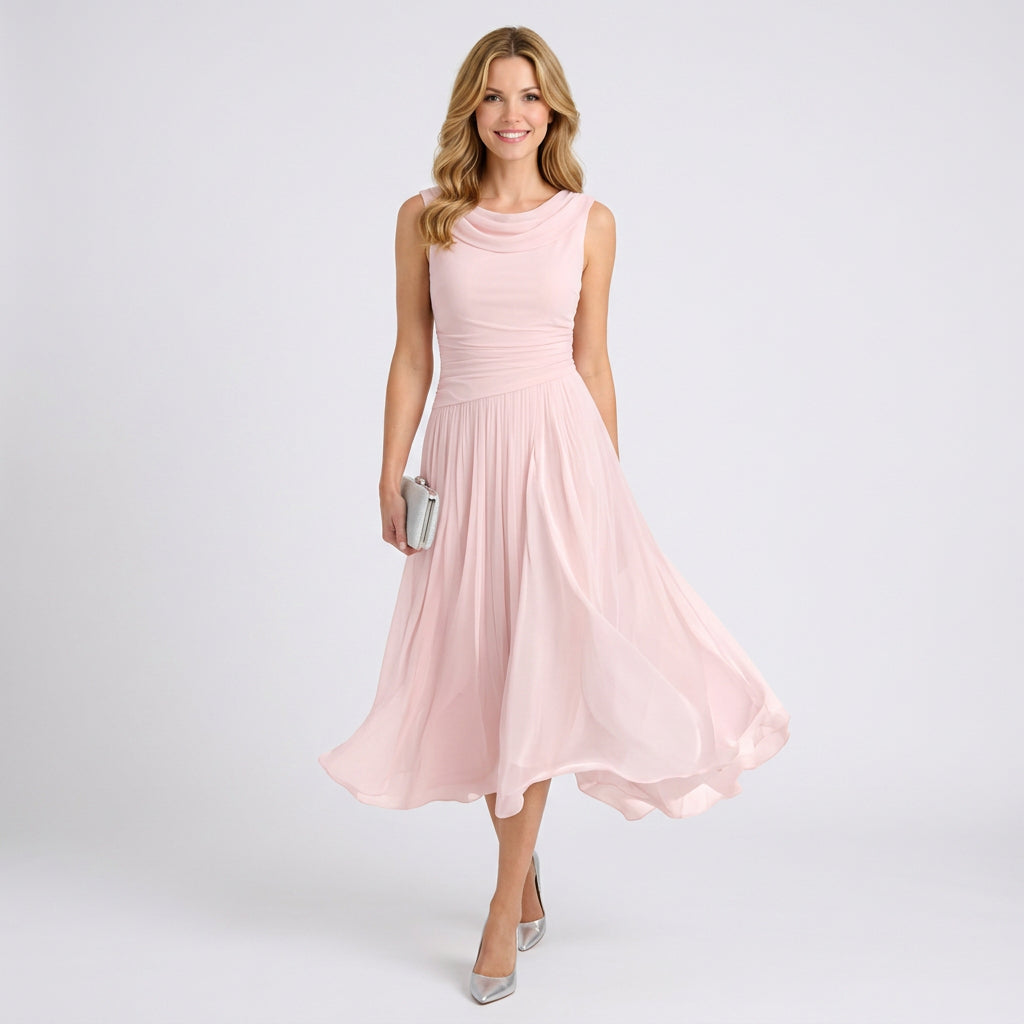 Pleated Midi Dress – Sleeveless Cowl Neck Style