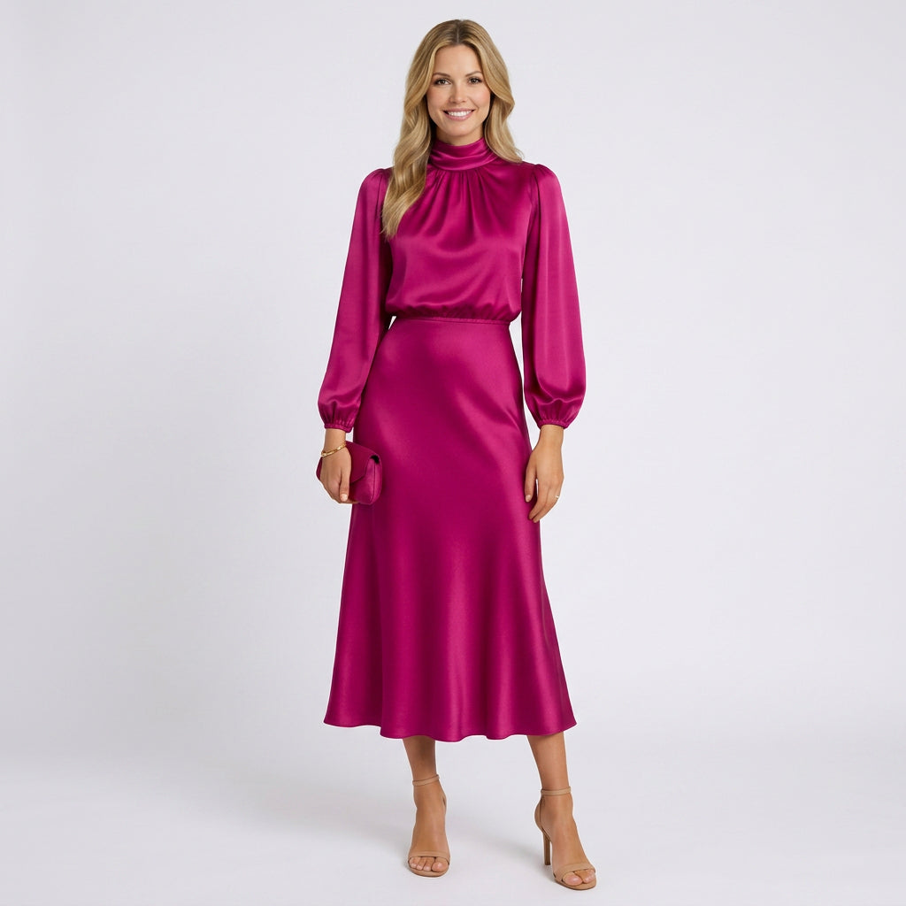 High Neck Midi Dress – Long Sleeve Satin Occasion Style