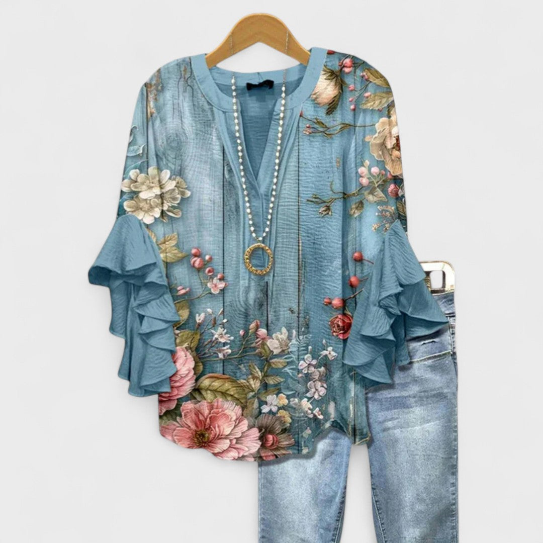 Floral Print Tiered Ruffle Sleeve V-Neck Blouse