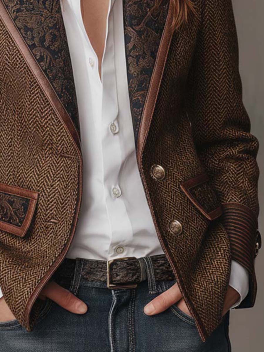 Women's Herringbone Blazer with Paisley Jacquard Lapels