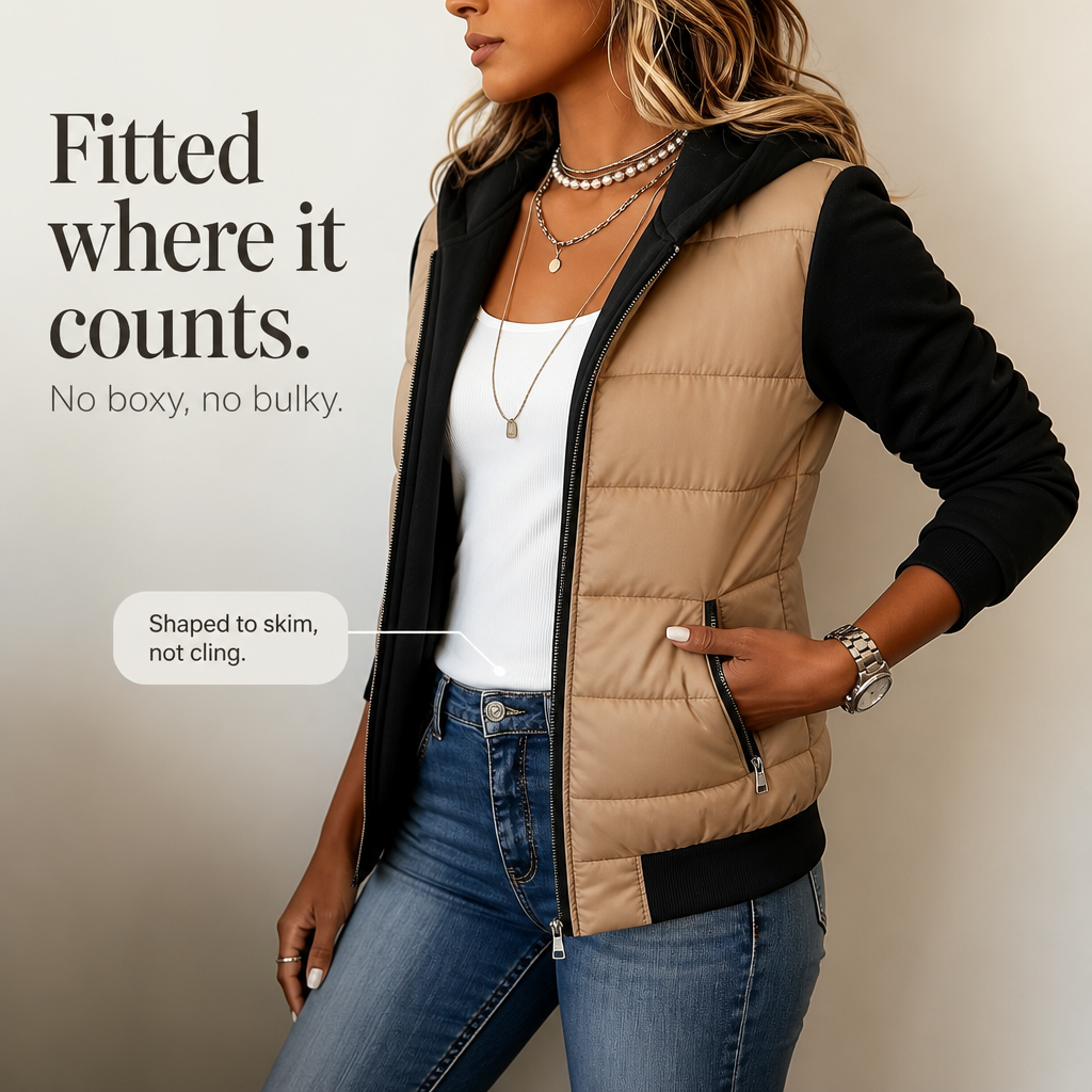 Women's hooded quilted puffer jacket with contrasting long sleeves and zip pockets