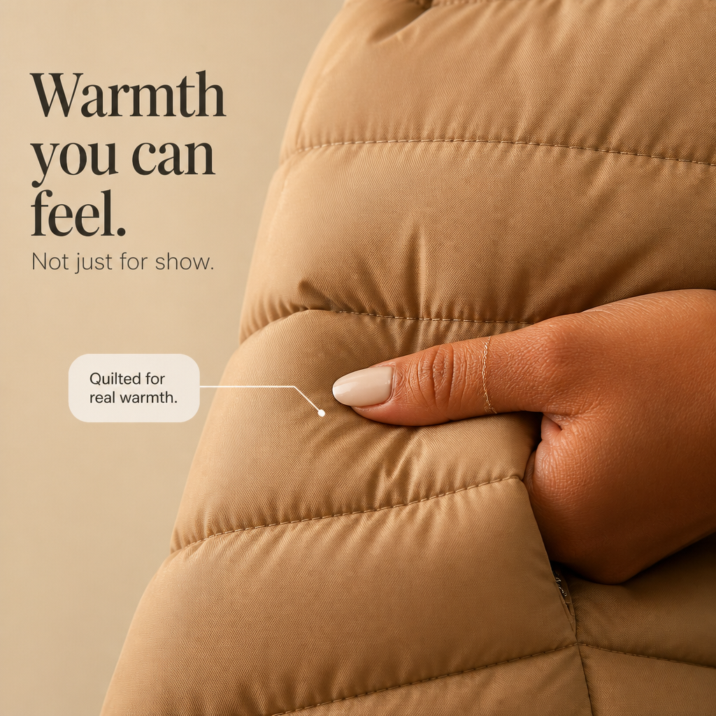Women's hooded quilted puffer jacket with contrasting long sleeves and zip pockets