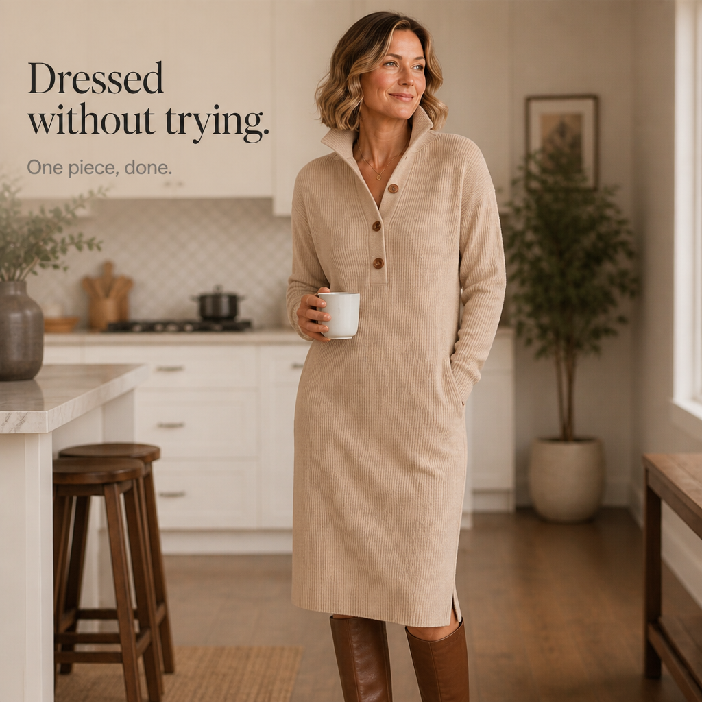 Women's Ribbed Knit Collared Button Sweater Dress
