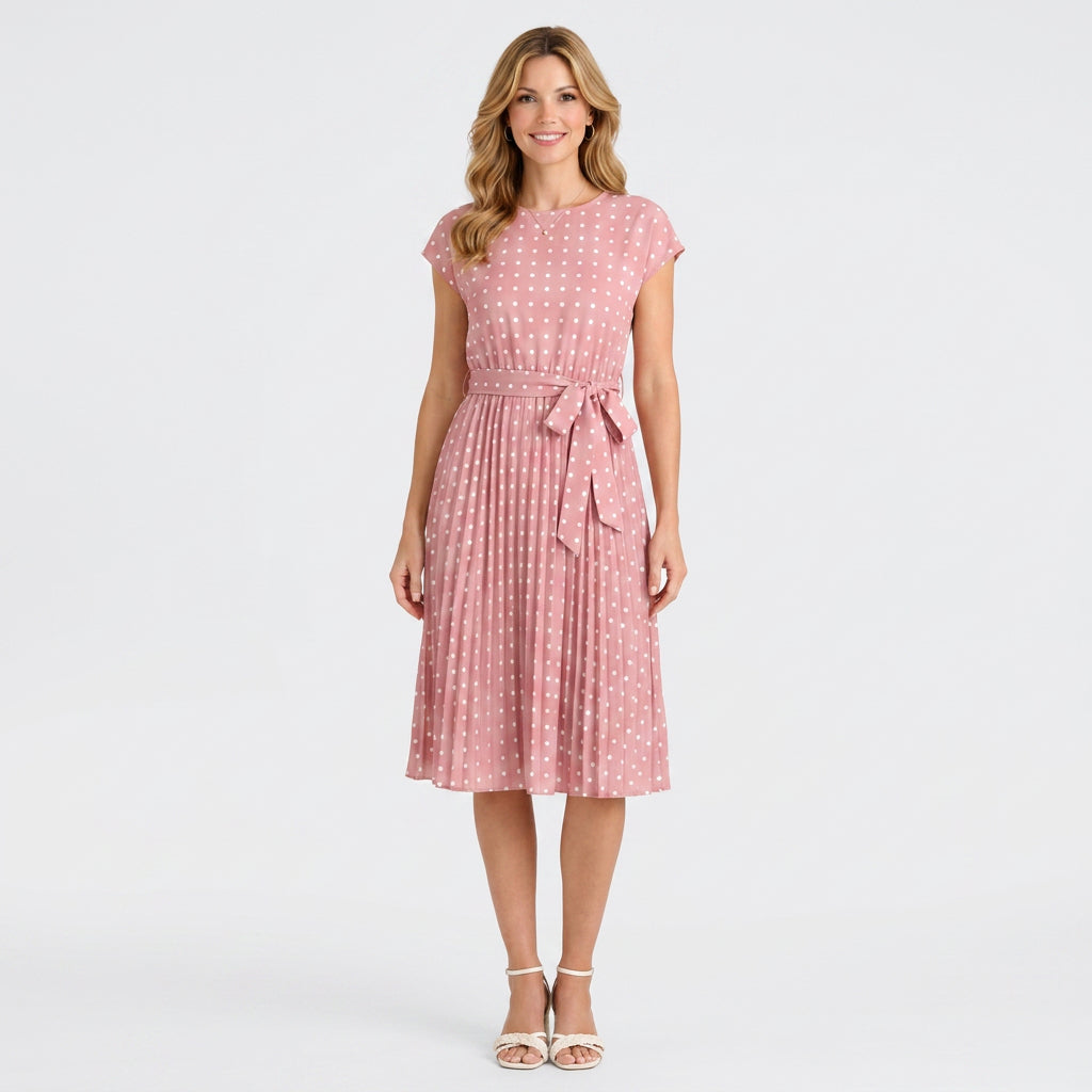 Polka Dot Midi Dress – Tie Waist Pleated Style