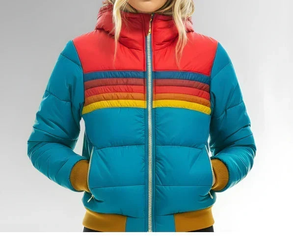 Women's striped colour block hooded puffer jacket with long sleeves and zip pockets