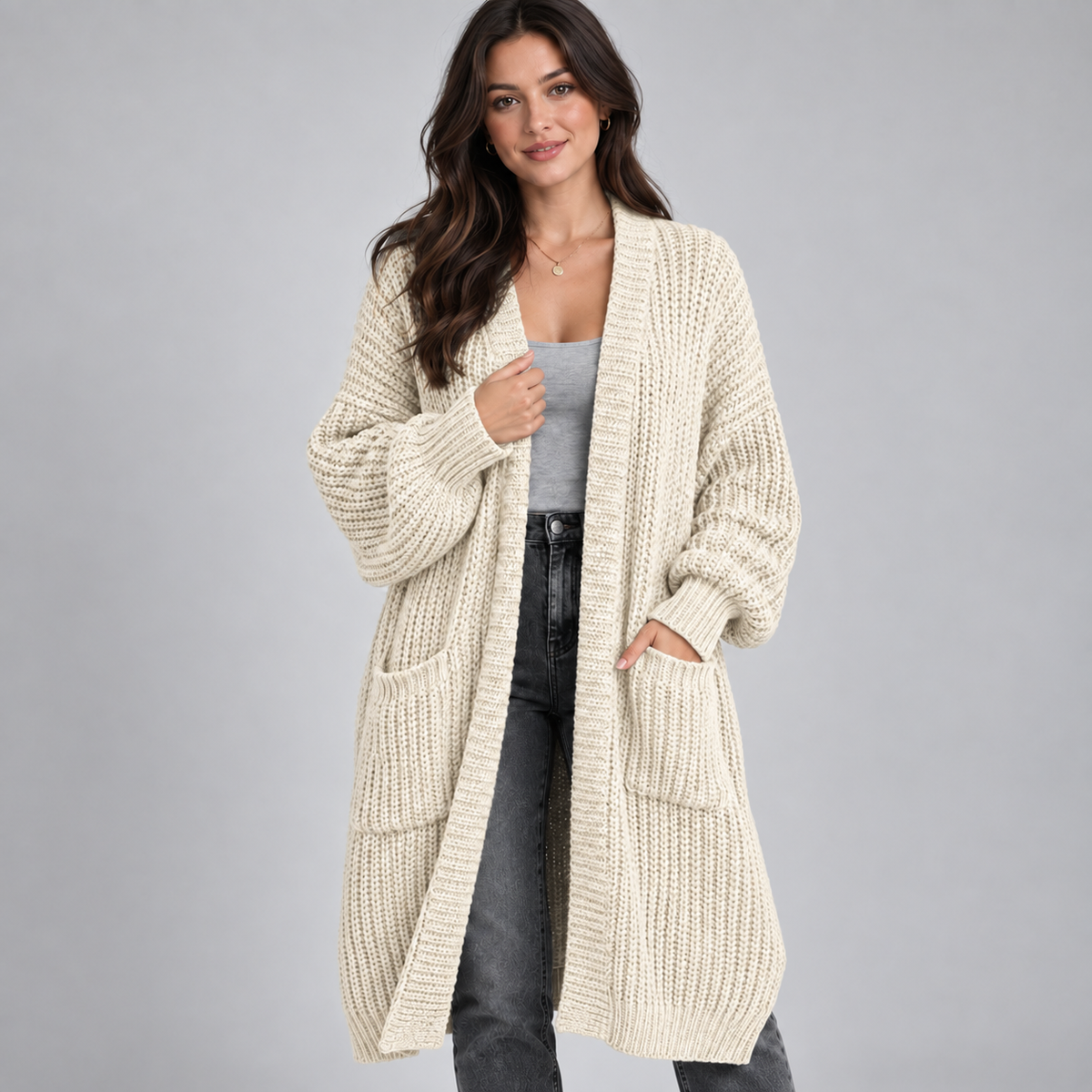 Women's Longline Chunky Knit Open Cardigan