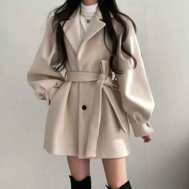 Women's Belted Balloon Sleeve Lapel Coat