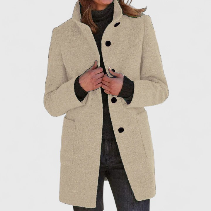 Women's textured stand collar coat with long sleeves, buttons and patch pockets