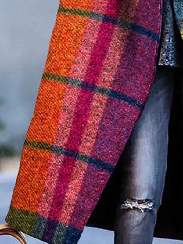 Women's multicolor plaid longline coat with notched lapel and button front