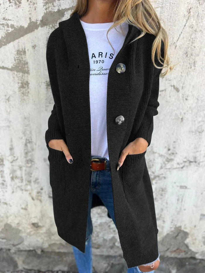 Hooded Ribbed Knit Longline Button-Up Cardigan