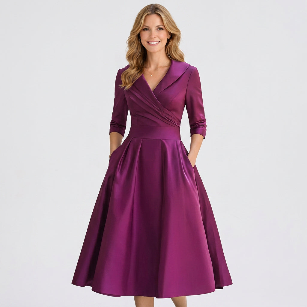 Wrap Bodice Midi Dress – Collared Full Skirt Occasion Style