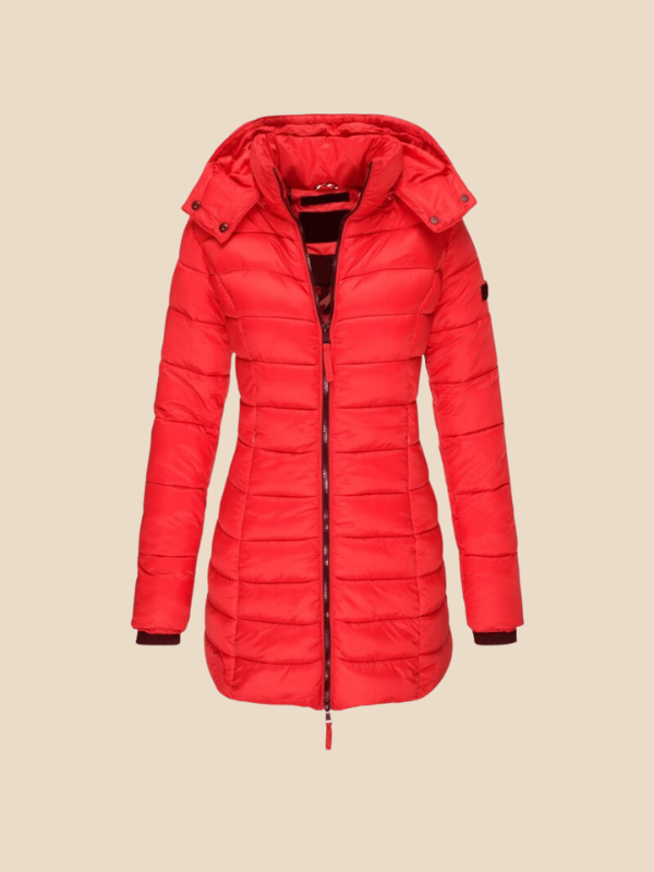 Women's hooded navy quilted longline puffer coat with zip front and angled zip pockets