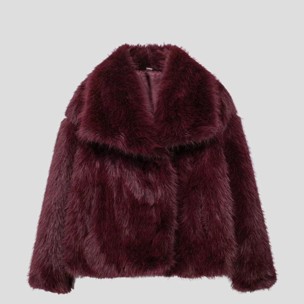 Women's fur-effect short jacket with oversized collar and long sleeves