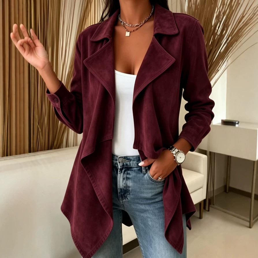 Women's open front waterfall jacket with wide lapels and long sleeves