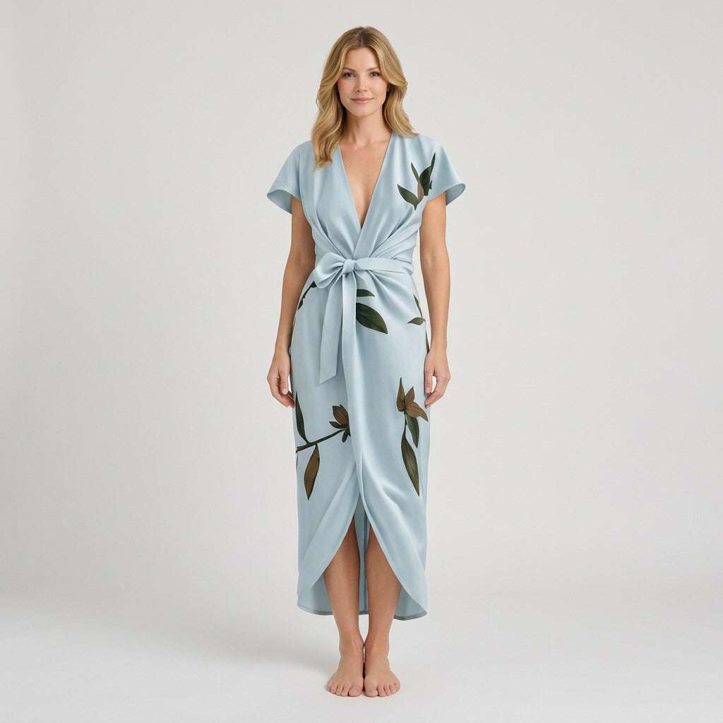 Women’s Wrap Midi Dress Printed Tie Waist – Short Sleeve Occasion Dress