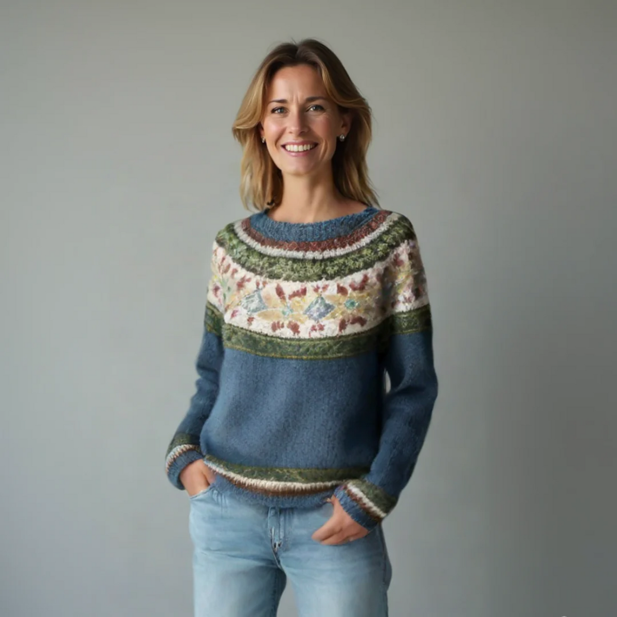 Women's Fair Isle Boat Neck Patterned Knit Sweater