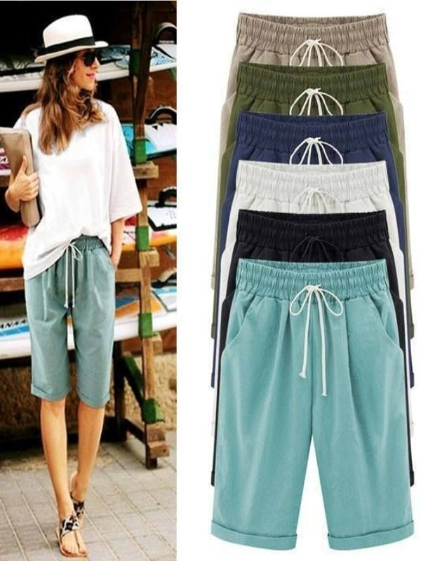 Elastic Waist Drawstring Bermuda Shorts with Cuffed Hem