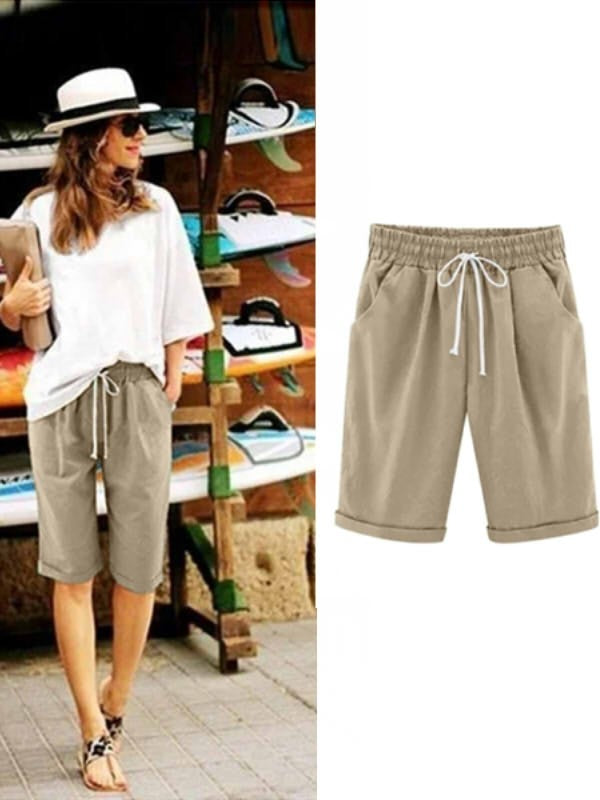 Elastic Waist Drawstring Bermuda Shorts with Cuffed Hem
