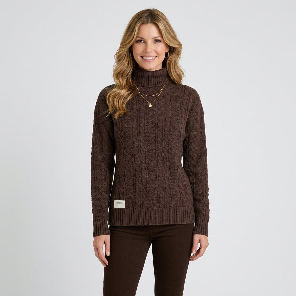 Women’s Cable Knit Turtleneck Sweater – Chunky Ribbed Hem Pullover