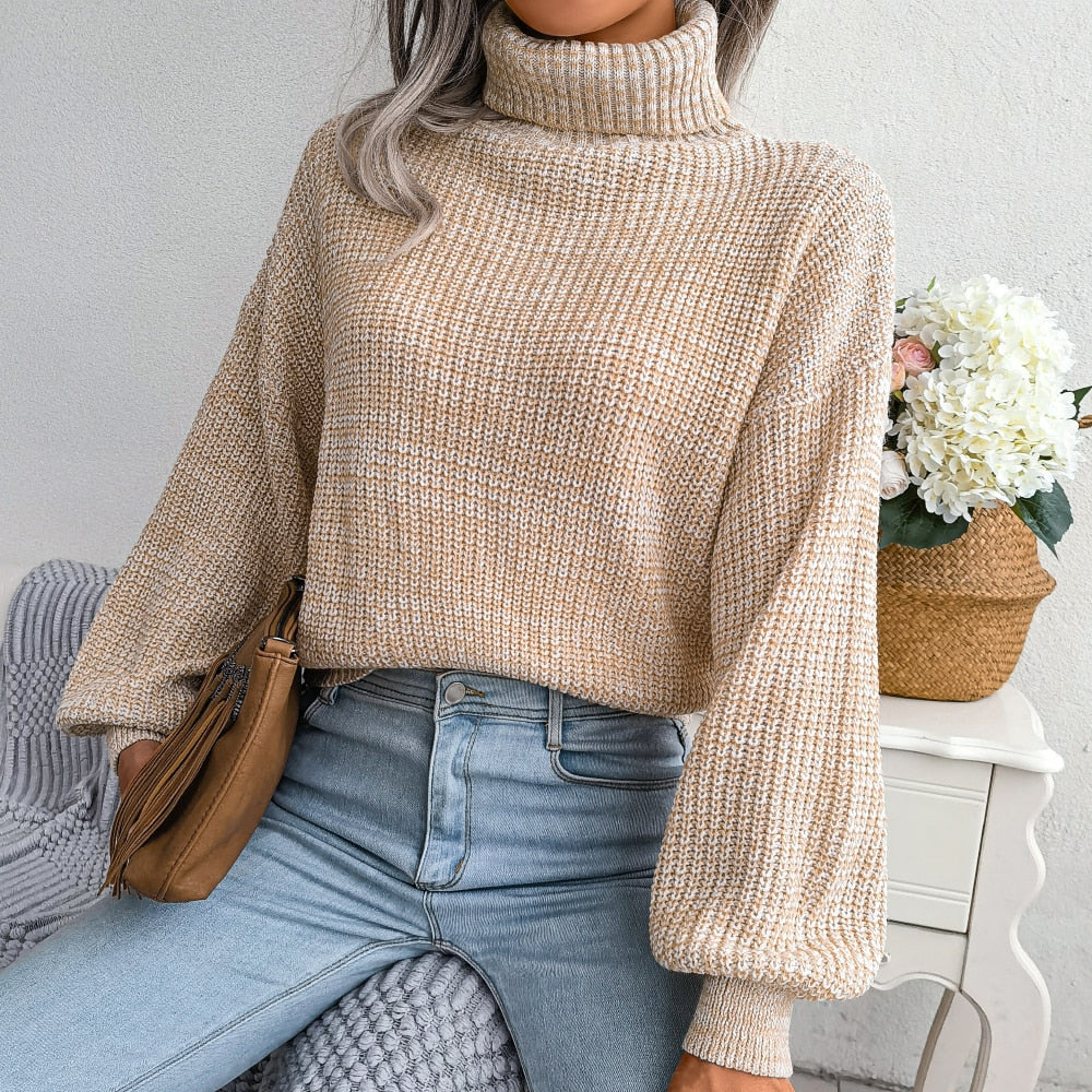 Pull en tricot chiné court à col roulé pour femme