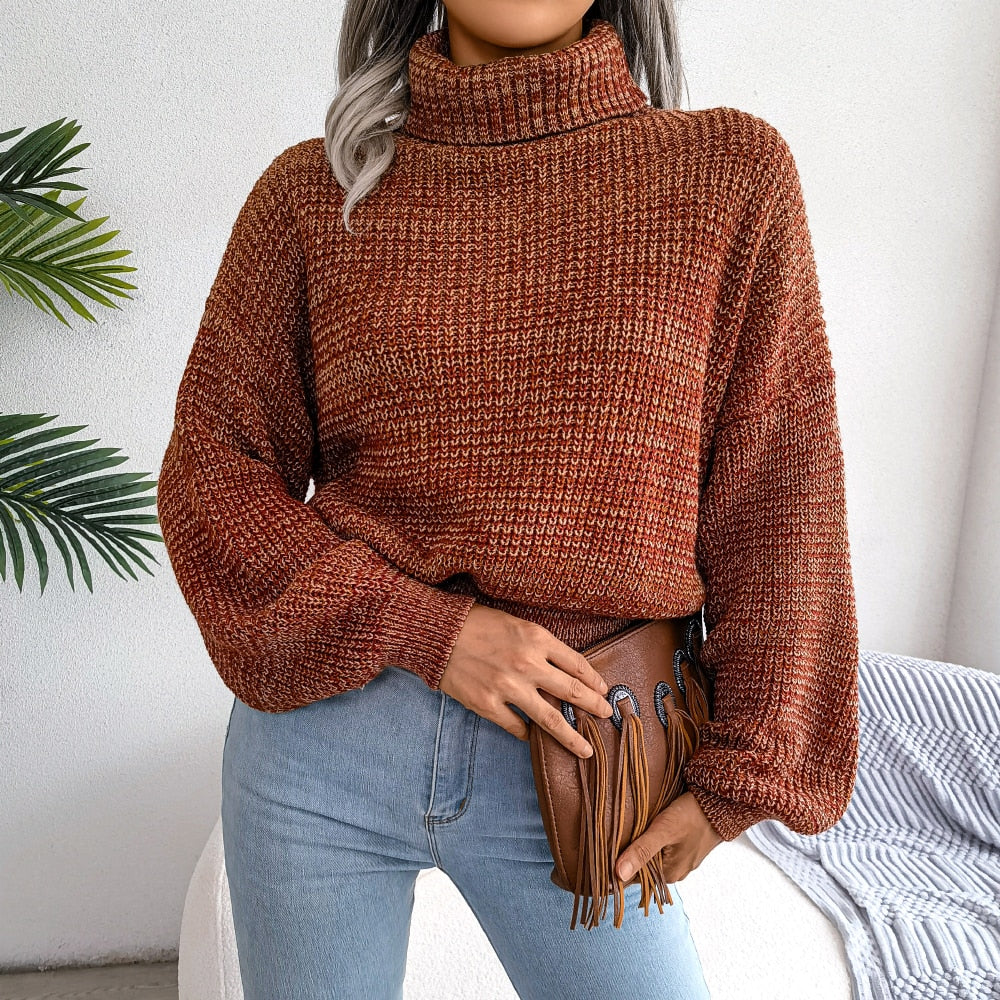 Pull en tricot chiné court à col roulé pour femme
