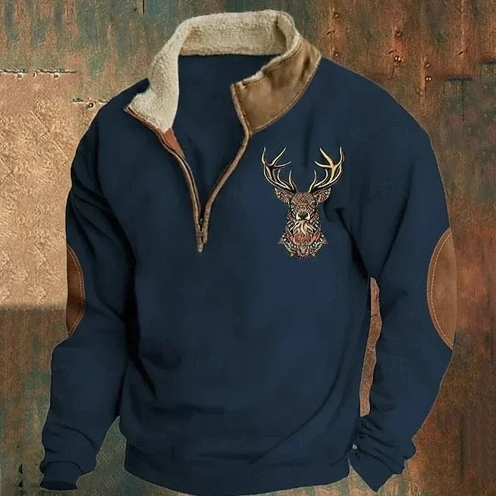 Men's quarter-zip pullover with mock neck, deer chest motif and contrasting elbow patches