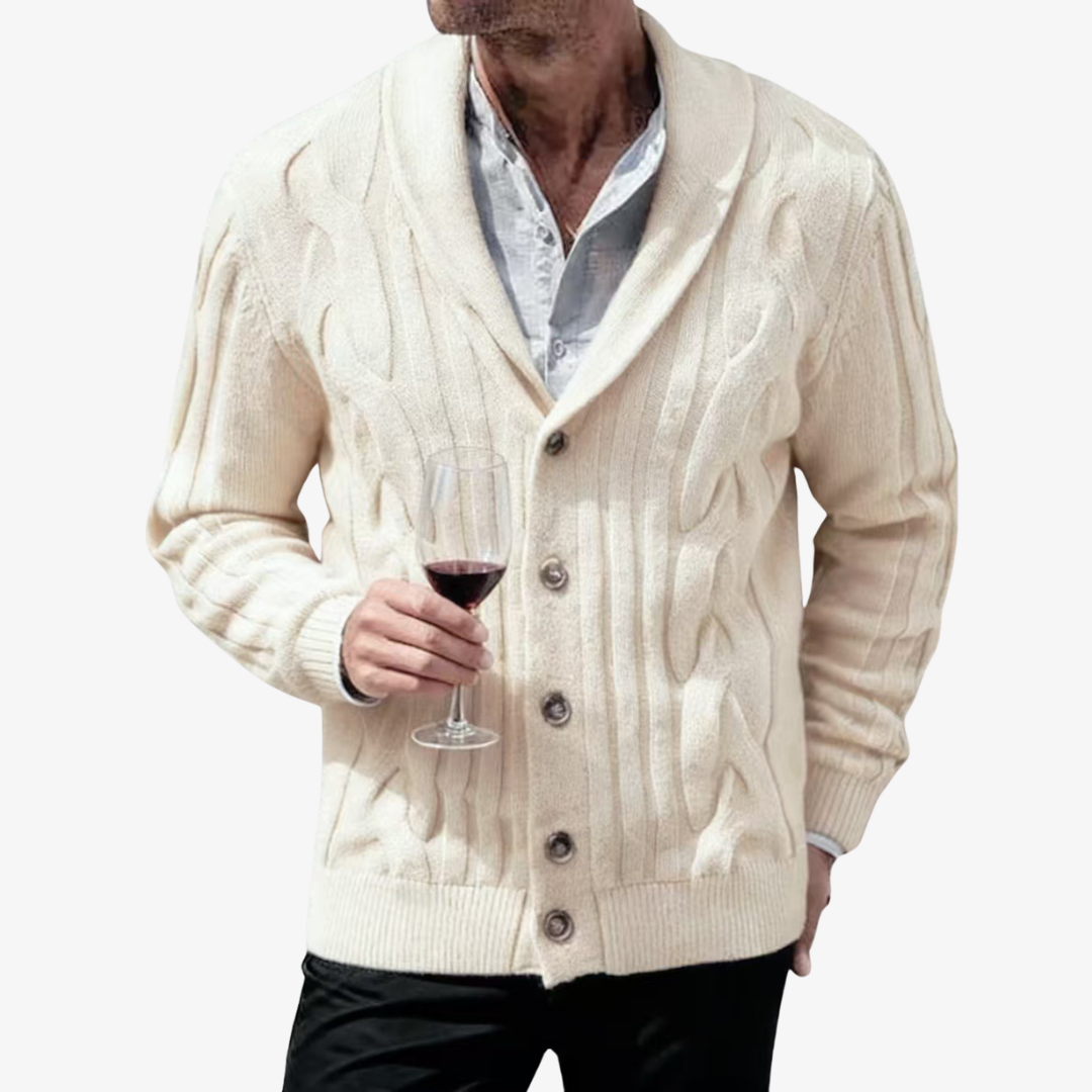 Men's cable knit cardigan with shawl collar, long sleeves and button front