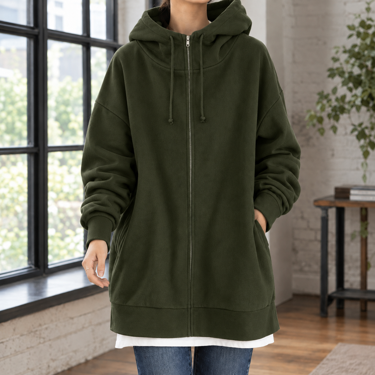Women's Oversized Longline Zip-Up Hoodie