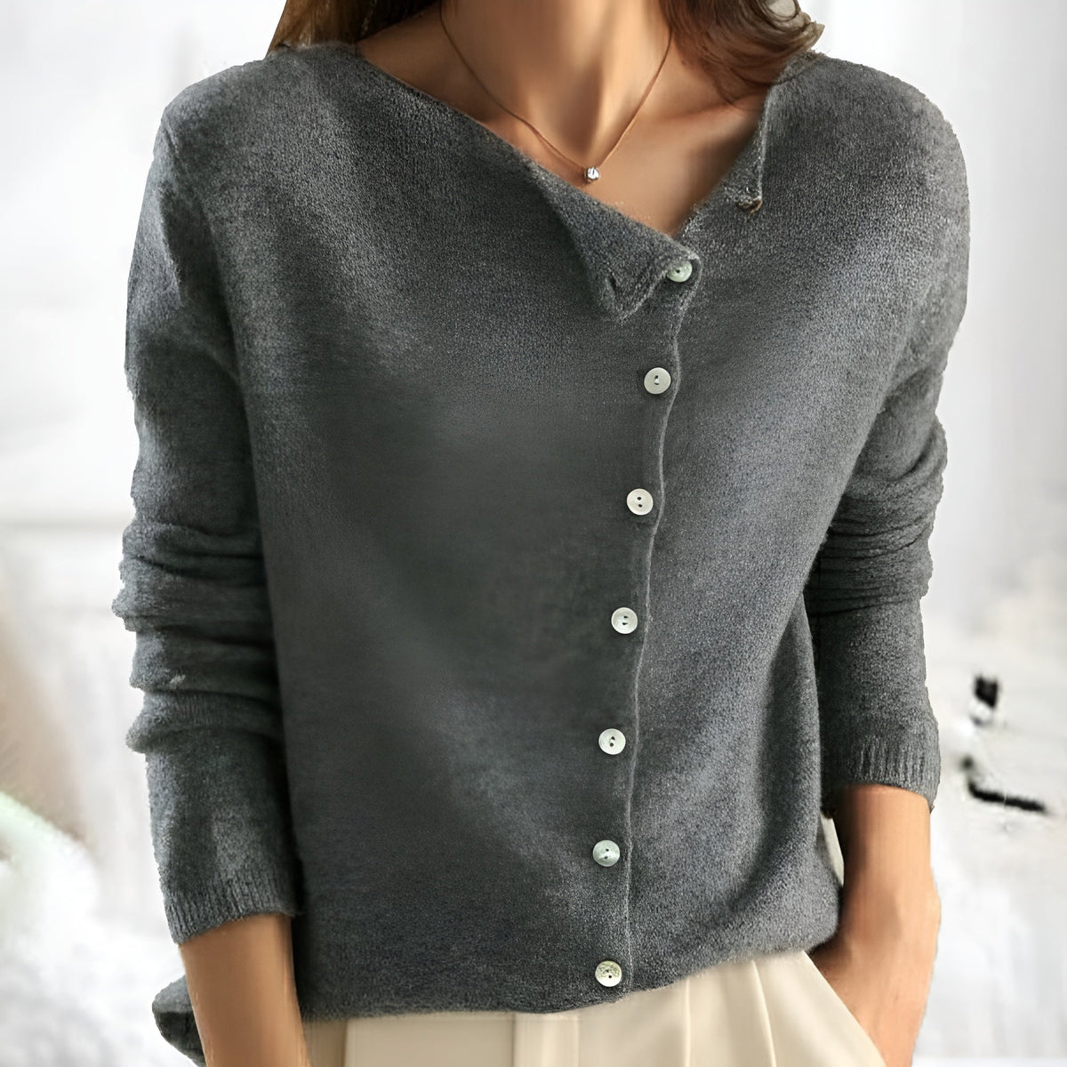 Women's Asymmetric Collar Button-Front Knit Cardigan