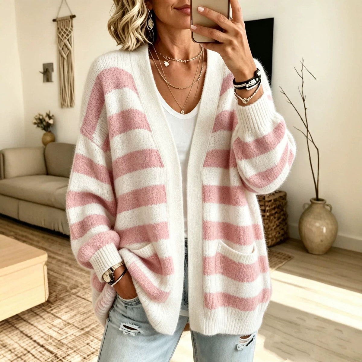 Women's Striped Oversized Open-Front Knit Cardigan