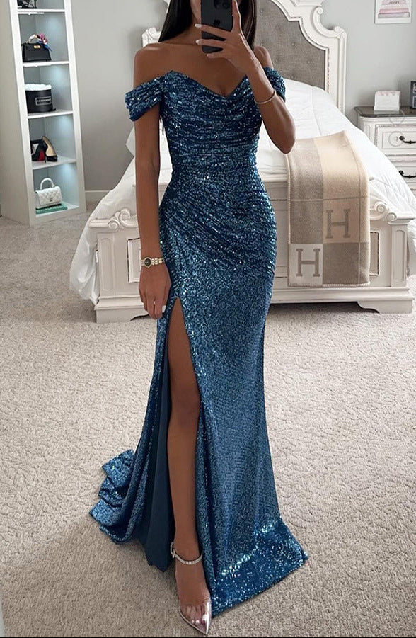 Women's off-shoulder sequin mermaid maxi dress with thigh slit and trailing hem