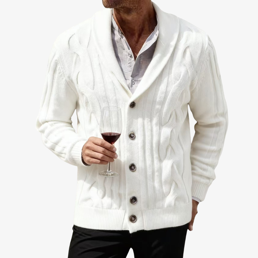 Men's cable knit cardigan with shawl collar, long sleeves and button front