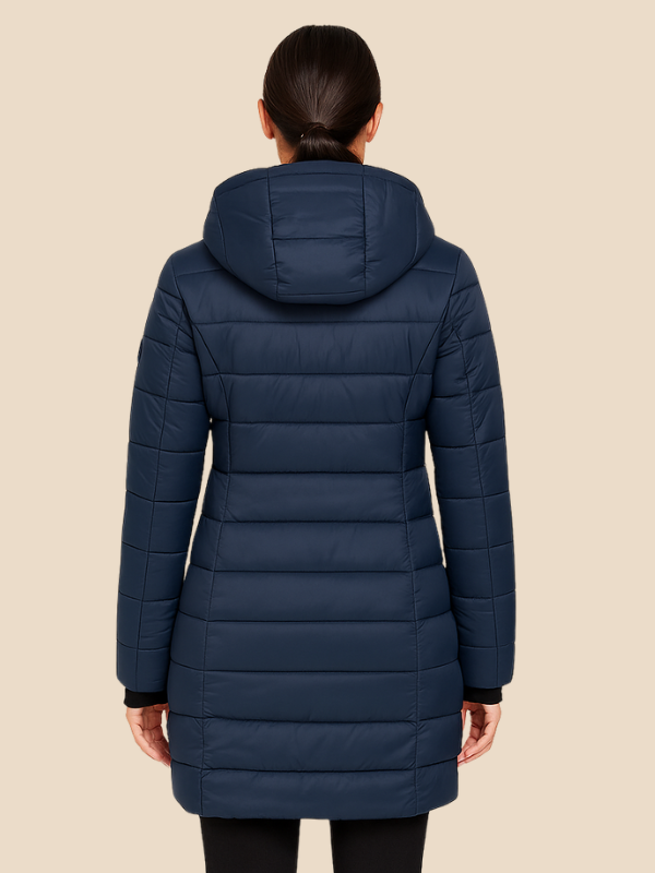 Women's hooded navy quilted longline puffer coat with zip front and angled zip pockets