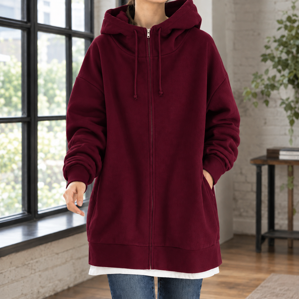 Women's Oversized Longline Zip-Up Hoodie