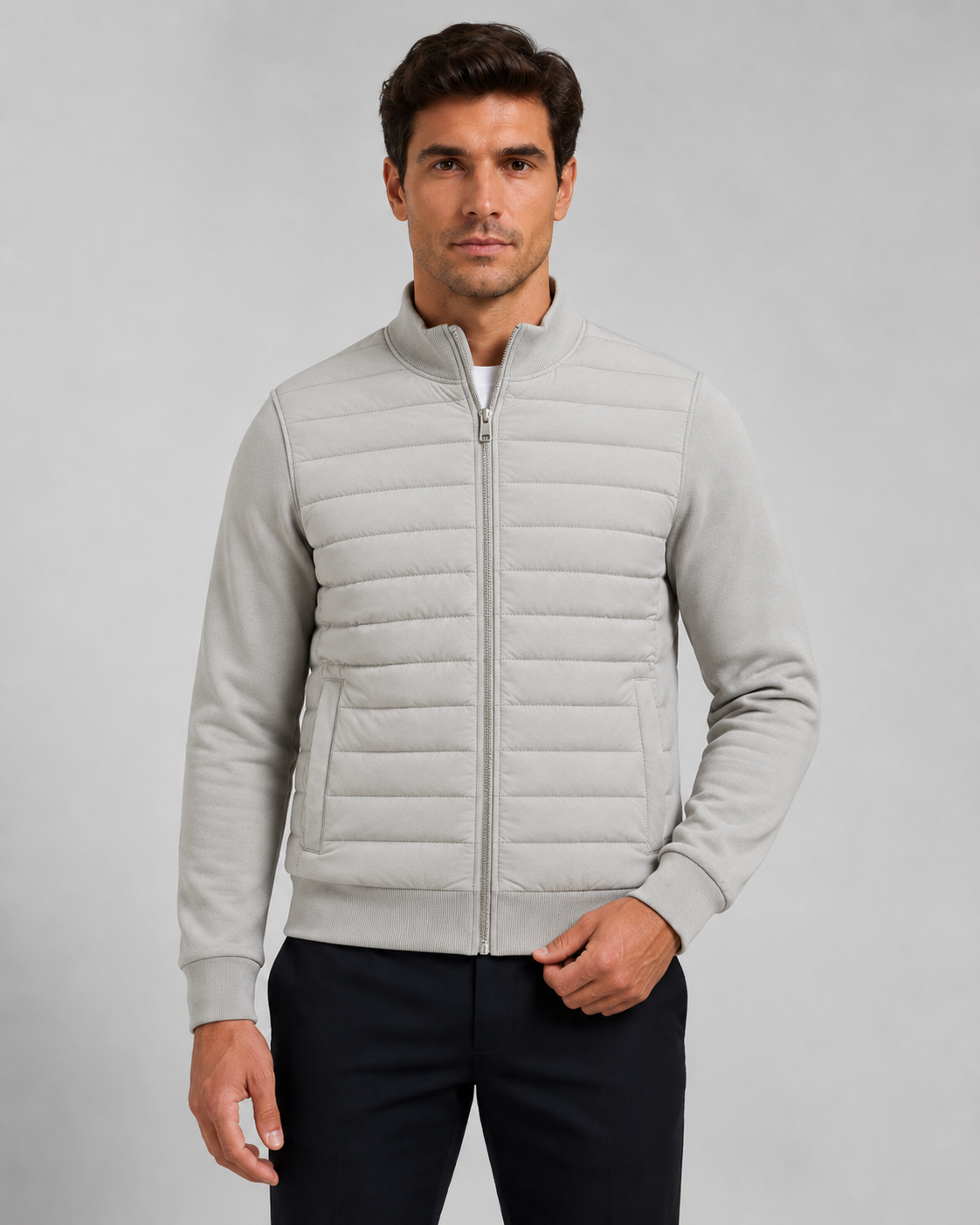 Men's quilted hybrid jacket with stand collar and full front zipper