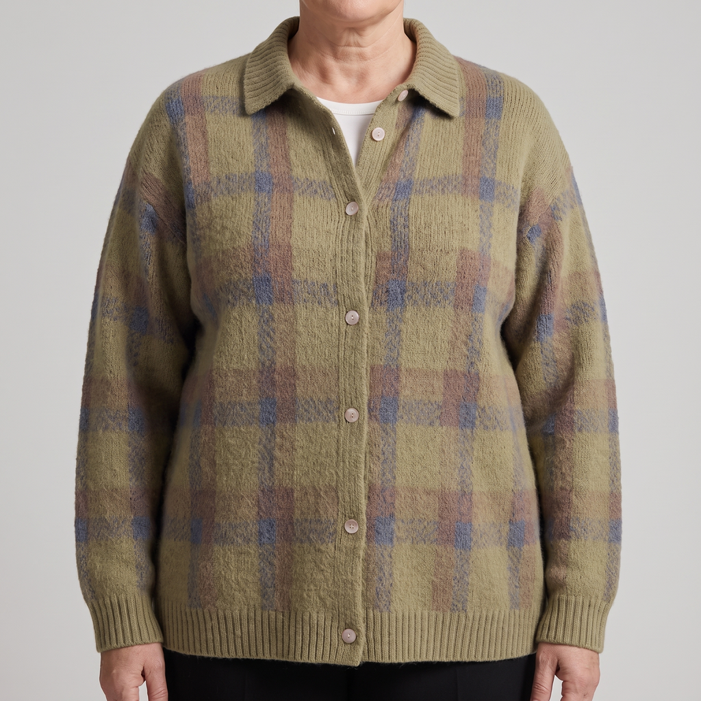 Gilet en maille à carreaux pour femme avec col et boutonnage sur le devant
