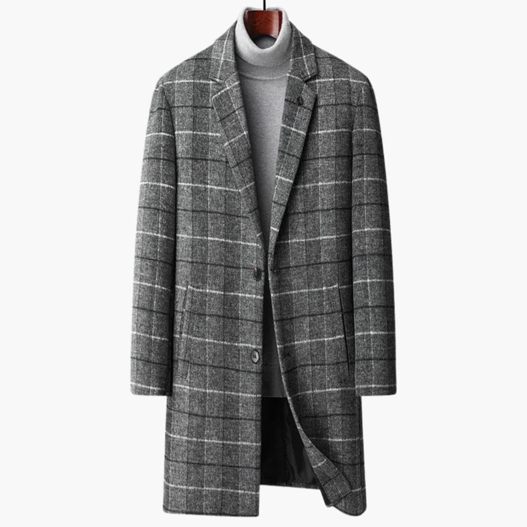 Manteau long à revers crantés à carreaux pour homme