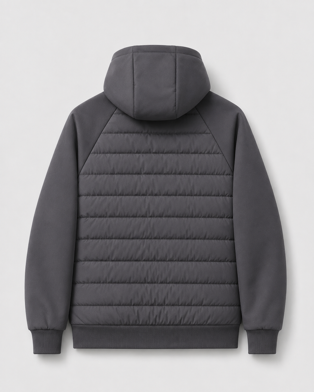 Men's quilted hooded zip jacket with long sleeves and front zip pockets