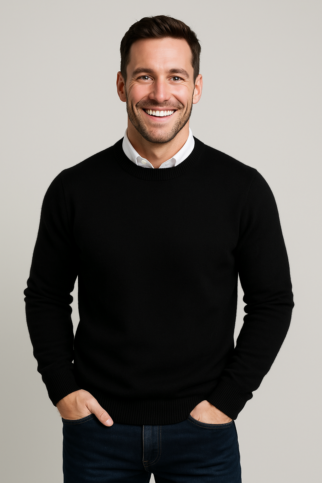 Men's solid crew neck knit pullover sweater with long sleeves and ribbed cuffs