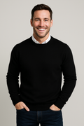 Men's solid crew neck knit pullover sweater with long sleeves and ribbed cuffs