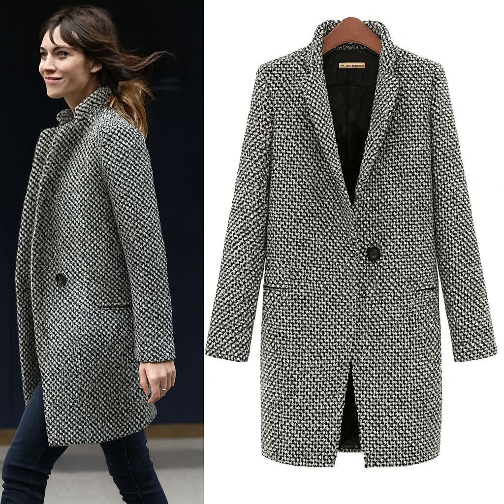 Women's black-and-white herringbone longline coat with notch lapel and long sleeves
