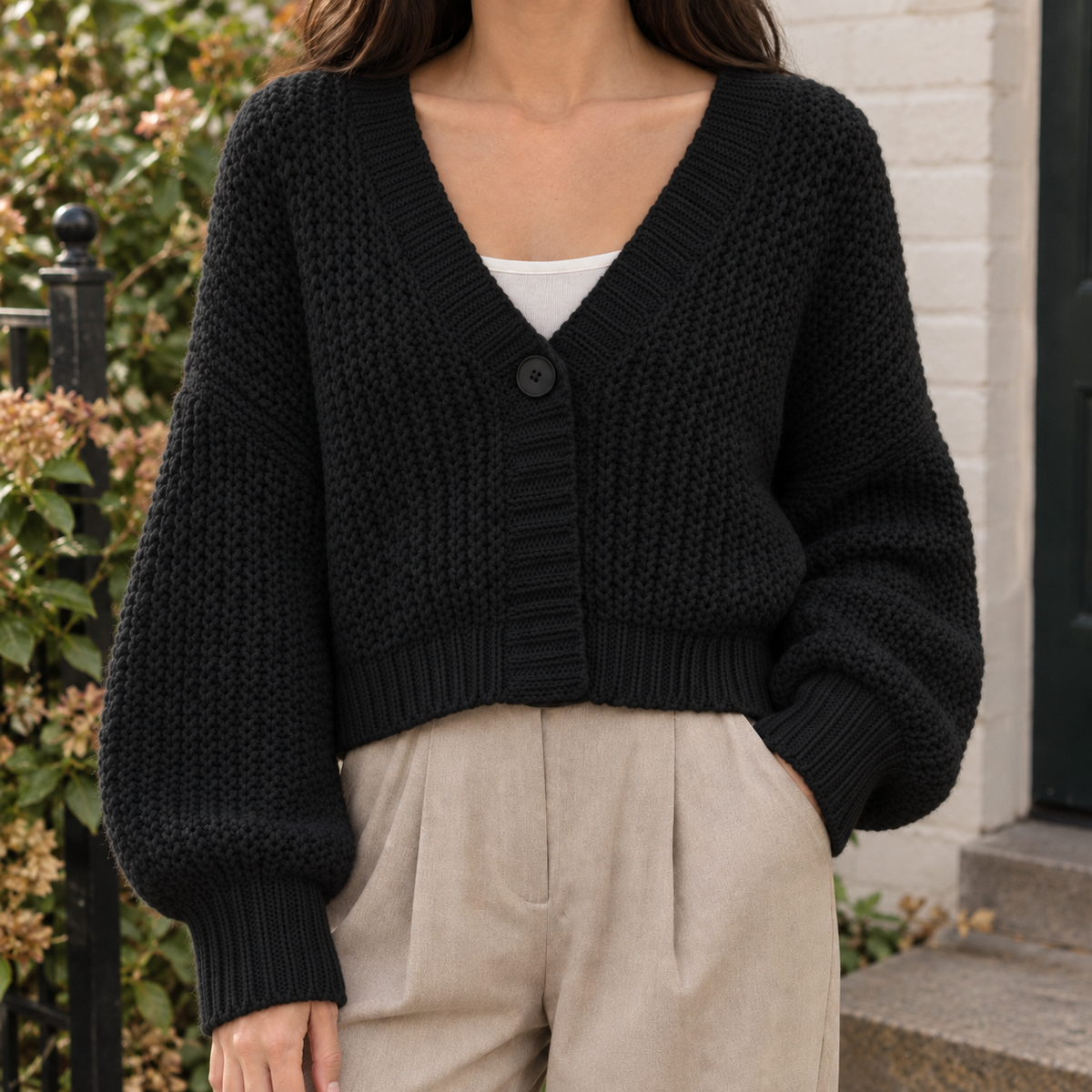 Women's Chunky Knit Balloon Sleeve Cropped Cardigan