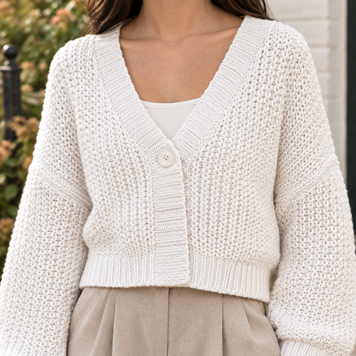 Women's Chunky Knit Balloon Sleeve Cropped Cardigan