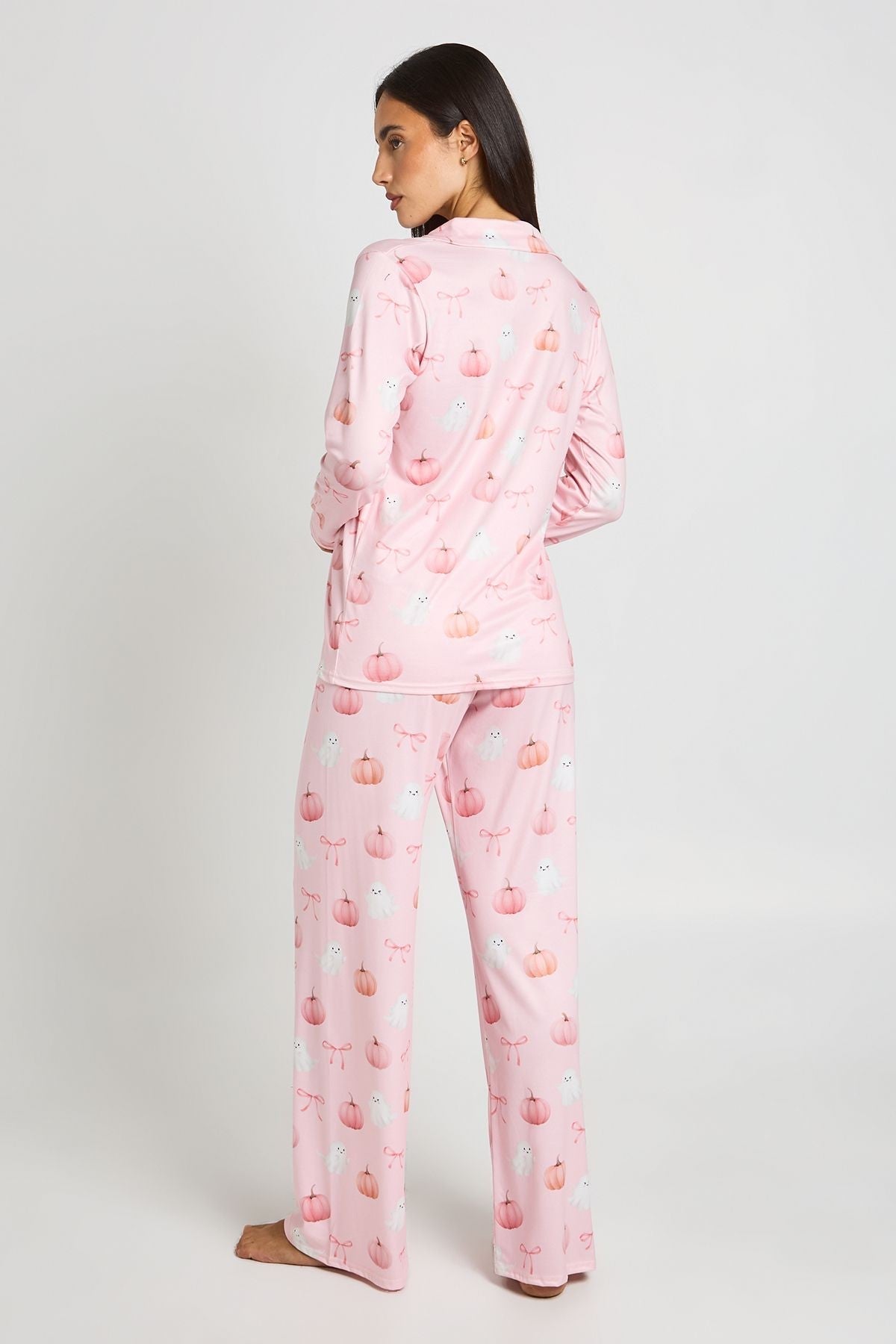 Women's Ghost and Pumpkin Print Pyjama Set with Bows