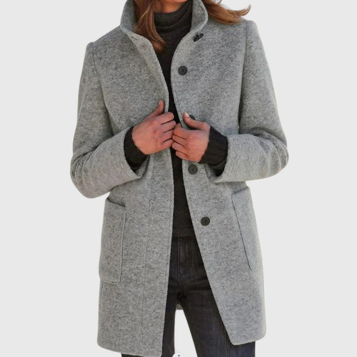 Women's textured stand collar coat with long sleeves, buttons and patch pockets