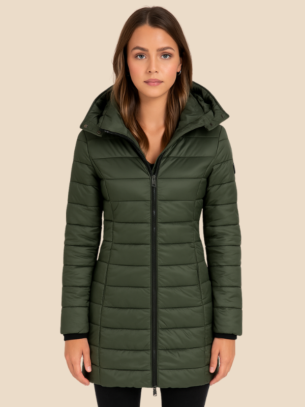 Women's hooded navy quilted longline puffer coat with zip front and angled zip pockets