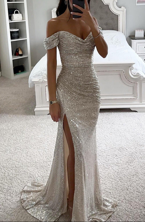 Women's off-shoulder sequin mermaid maxi dress with thigh slit and trailing hem